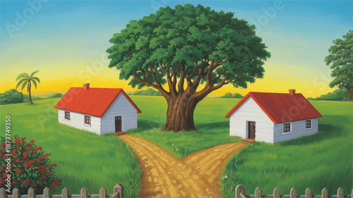 A whimsical illustration showcasing two cozy homes with red roofs, flanking a majestic tree where a diverging path leads to each dwelling in a vibrant, grassy landscape