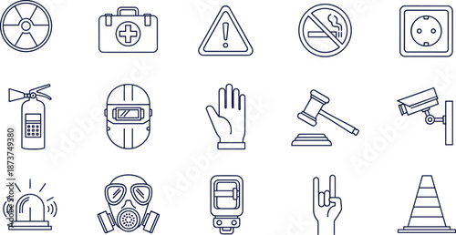 Industrial safety line icons set featuring hazard warnings emergency equipment security symbols and workplace protection signage design systems