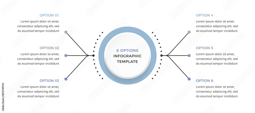 Fototapeta premium Infographic template with central element element and six options, mind map infographics