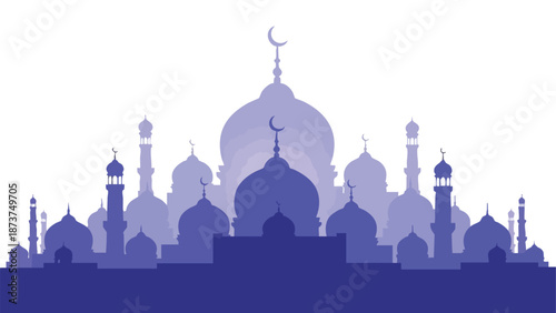 Vector illustration of a mosque silhouette with crescent moon on a Ramadan Kareem background, conveying a serene and spiritual atmosphere in shades of blue.