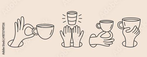 Hand drawn illustrations of hands holding coffee cup, coffee doodles set