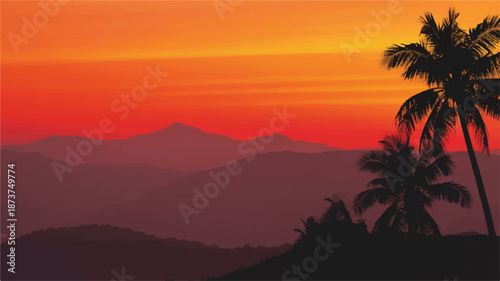 Stunning orange and red sky over exotic landscape featuring silhouetted mountains and palm trees at dusk, rendered in a vibrant digital illustration style