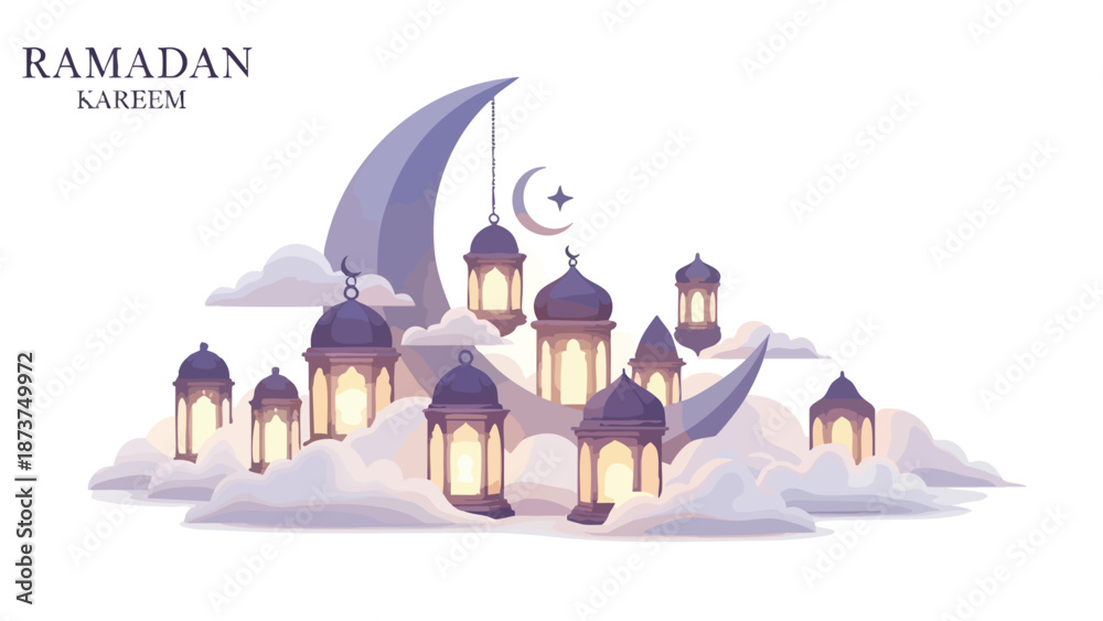 Fototapeta premium Digital illustration of a Ramadan Kareem background featuring a mosque silhouette with lanterns and crescent moon on a cloudy night sky, conveying a serene and festive atmosphere.