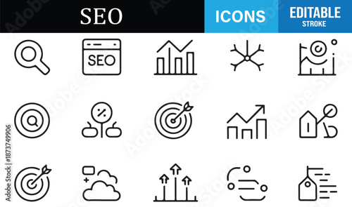 SEO analytics and traffic icons in clean outline style