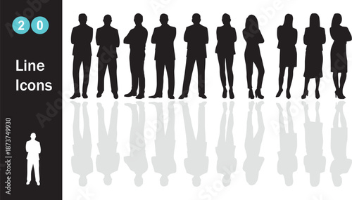 A professional vector illustration of a diverse business people group silhouette featuring businessmen and businesswomen in suits standing and walking together to represent teamwork and success in an 