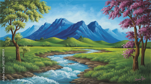 A vibrant, stylized landscape painting depicting a winding stream flowing through a green meadow with majestic blue mountains in the background and trees with pink and green foliage flanking the scene