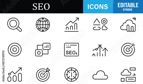 SEO and digital marketing outline icons for business