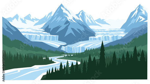 Flat vector illustration of Alaska wilderness featuring snow-capped mountains, glaciers, pine forests, and winding rivers, vast northern scenery with clean outlines and solid colors