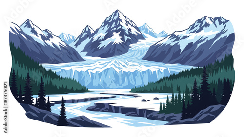 Flat vector illustration of Alaska wilderness featuring snow-capped mountains, glaciers, pine forests, and winding rivers, vast northern scenery with clean outlines and solid colors