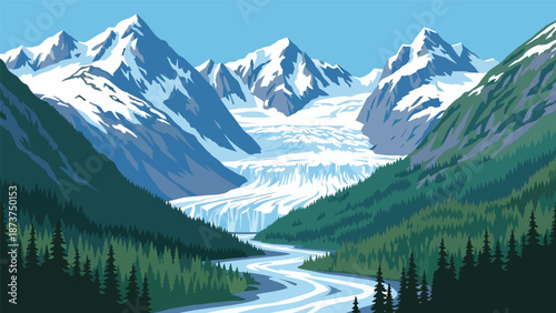 Flat vector illustration of Alaska wilderness featuring snow-capped mountains, glaciers, pine forests, and winding rivers, vast northern scenery with clean outlines and solid colors