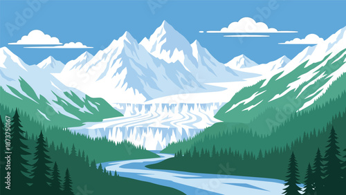 Flat vector illustration of Alaska wilderness featuring snow-capped mountains, glaciers, pine forests, and winding rivers, vast northern scenery with clean outlines and solid colors