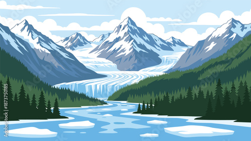 Flat vector illustration of Alaska wilderness featuring snow-capped mountains, glaciers, pine forests, and winding rivers, vast northern scenery with clean outlines and solid colors