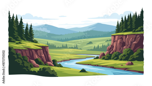 Flat vector illustration of Arkansas natural scenery with green hills, forests, rivers, and rocky cliffs, peaceful countryside landscape rendered in clean outlines and solid colors