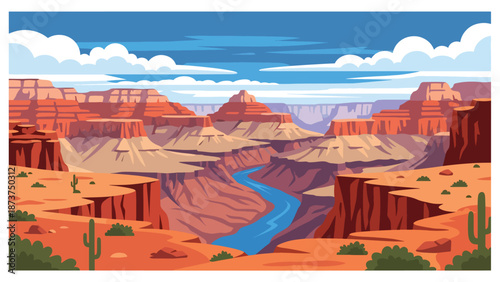 Flat vector illustration of Arizona desert landscape showcasing the Grand Canyon, layered red rocks, winding river, and vast open sky, bold solid colors and clean vector style