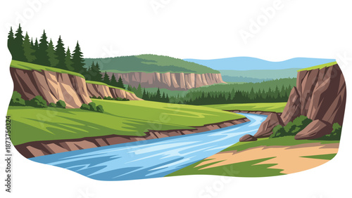 Flat vector illustration of Arkansas natural scenery with green hills, forests, rivers, and rocky cliffs, peaceful countryside landscape rendered in clean outlines and solid colors