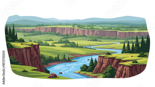 Flat vector illustration of Arkansas natural scenery with green hills, forests, rivers, and rocky cliffs, peaceful countryside landscape rendered in clean outlines and solid colors