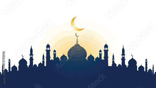 Vector illustration of a mosque silhouette with a crescent moon at sunset, ideal for Ramadan Kareem background or greeting card design.