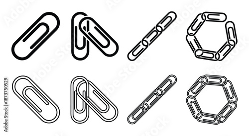 Paper Clips Set: Single, Linked, and Hexagonal Arrangements in Black and White, perfect for office designs