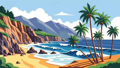 Flat vector illustration of California landscape combining ocean cliffs, sandy beaches, palm trees, and distant mountains, iconic West Coast scenery in solid colors and clean lines