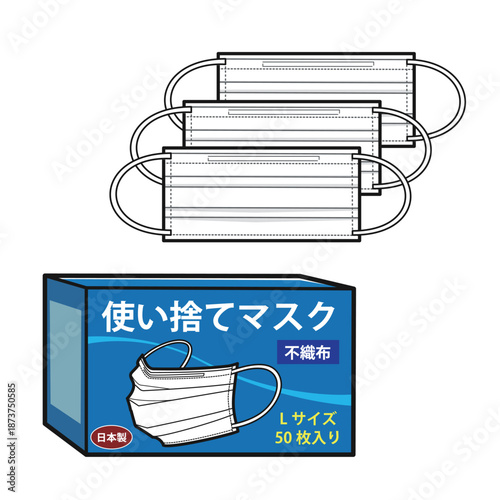 ３枚の使い捨てマスクとそのパッケージ