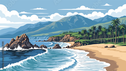 Flat vector illustration of California landscape combining ocean cliffs, sandy beaches, palm trees, and distant mountains, iconic West Coast scenery in solid colors and clean lines