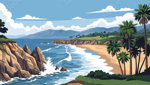 Flat vector illustration of California landscape combining ocean cliffs, sandy beaches, palm trees, and distant mountains, iconic West Coast scenery in solid colors and clean lines
