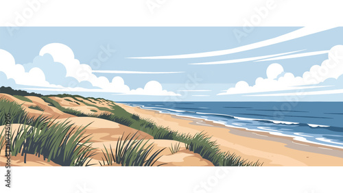Flat vector illustration of Delaware coastal landscape featuring sandy beaches, dunes, ocean horizon, and coastal grasses, simple seaside scenery in solid colors and clean lines