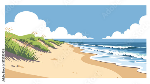 Flat vector illustration of Delaware coastal landscape featuring sandy beaches, dunes, ocean horizon, and coastal grasses, simple seaside scenery in solid colors and clean lines