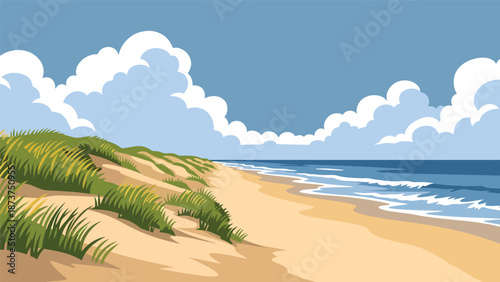 Flat vector illustration of Delaware coastal landscape featuring sandy beaches, dunes, ocean horizon, and coastal grasses, simple seaside scenery in solid colors and clean lines