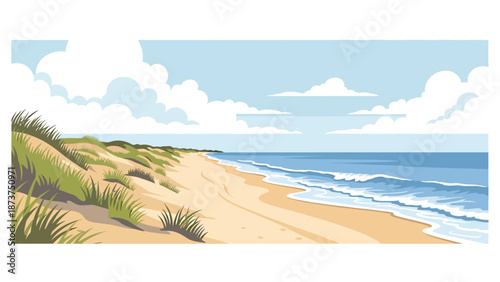 Flat vector illustration of Delaware coastal landscape featuring sandy beaches, dunes, ocean horizon, and coastal grasses, simple seaside scenery in solid colors and clean lines