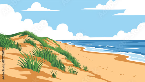 Flat vector illustration of Delaware coastal landscape featuring sandy beaches, dunes, ocean horizon, and coastal grasses, simple seaside scenery in solid colors and clean lines
