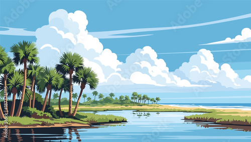 Flat vector illustration of Florida landscape with palm trees, wetlands, calm waterways, and sunny coastal atmosphere, tropical travel scenery in clean flat vector style