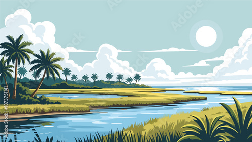 Flat vector illustration of Florida landscape with palm trees, wetlands, calm waterways, and sunny coastal atmosphere, tropical travel scenery in clean flat vector style