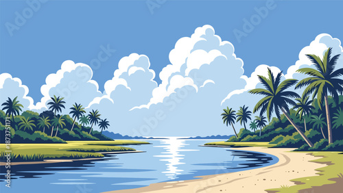 Flat vector illustration of Florida landscape with palm trees, wetlands, calm waterways, and sunny coastal atmosphere, tropical travel scenery in clean flat vector style