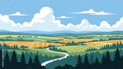Flat vector illustration of Georgia countryside featuring rolling hills, forests, farmland, and winding roads, warm southern landscape rendered in solid colors and clean outlines