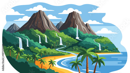 Flat vector illustration of Hawaii tropical landscape with volcanic mountains, waterfalls, lush forests, palm trees, and ocean coastline, vibrant island scenery in solid colors