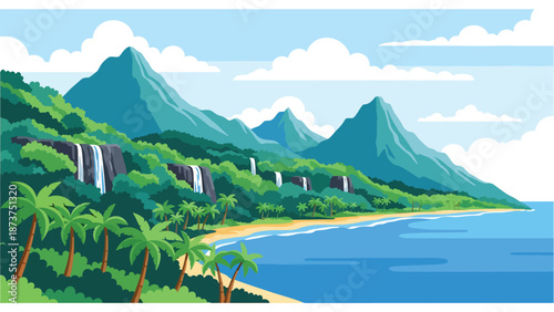 Flat vector illustration of Hawaii tropical landscape with volcanic mountains, waterfalls, lush forests, palm trees, and ocean coastline, vibrant island scenery in solid colors