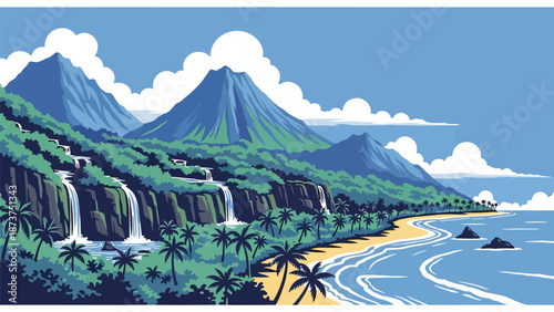 Flat vector illustration of Hawaii tropical landscape with volcanic mountains, waterfalls, lush forests, palm trees, and ocean coastline, vibrant island scenery in solid colors