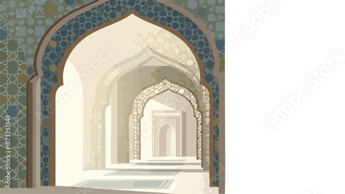 Vector illustration of a serene mosque interior with Ramadan Kareem background and a majestic arched hallway leading to a distant mosque silhouette.