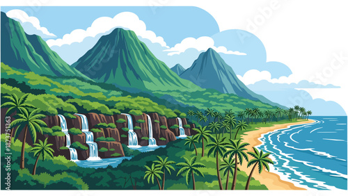 Flat vector illustration of Hawaii tropical landscape with volcanic mountains, waterfalls, lush forests, palm trees, and ocean coastline, vibrant island scenery in solid colors