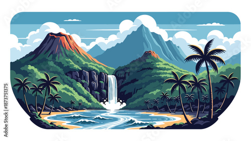 Flat vector illustration of Hawaii tropical landscape with volcanic mountains, waterfalls, lush forests, palm trees, and ocean coastline, vibrant island scenery in solid colors