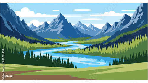 Flat vector illustration of Idaho wilderness landscape featuring rugged mountains, winding rivers, pine forests, and open plains, peaceful natural scenery in flat solid colors