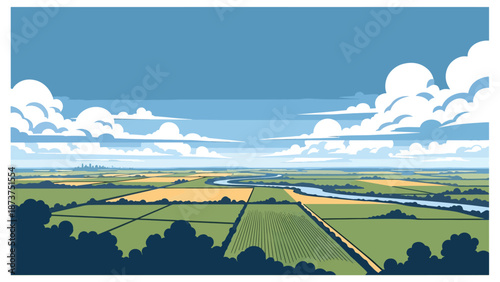 Flat vector illustration of Illinois landscape with farmland, cornfields, rivers, and expansive skies, classic Midwestern agricultural scenery in clean flat vector style