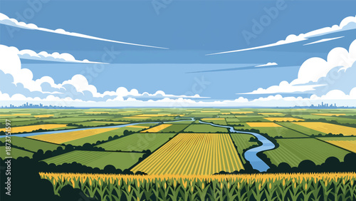 Flat vector illustration of Illinois landscape with farmland, cornfields, rivers, and expansive skies, classic Midwestern agricultural scenery in clean flat vector style