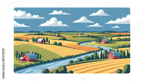 Flat vector illustration of Indiana countryside featuring farms, barns, fields, tree lines, and calm rivers, peaceful Midwestern landscape in solid colors and clean outlines