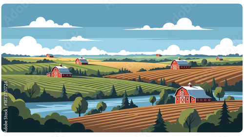 Flat vector illustration of Indiana countryside featuring farms, barns, fields, tree lines, and calm rivers, peaceful Midwestern landscape in solid colors and clean outlines