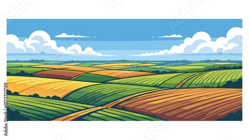 Flat vector illustration of Iowa agricultural landscape with rolling crop fields, gentle hills, farm roads, and wide skies, heartland scenery in solid flat colors