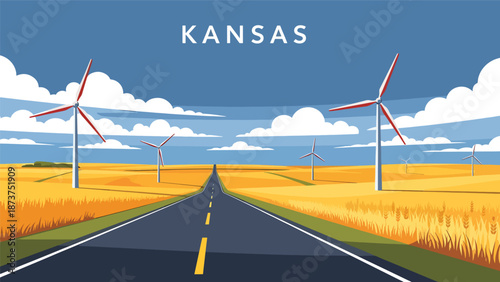 Flat vector illustration of Kansas plains featuring golden wheat fields, windmills, long roads, and big skies, iconic open prairie scenery in clean solid colors