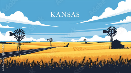 Flat vector illustration of Kansas plains featuring golden wheat fields, windmills, long roads, and big skies, iconic open prairie scenery in clean solid colors