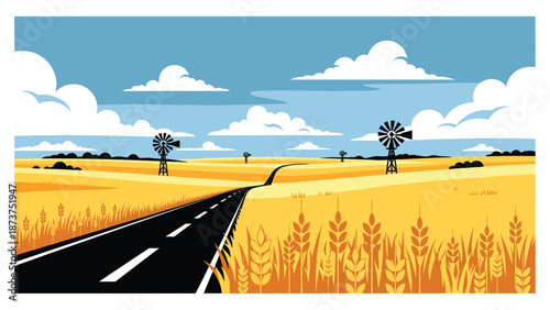 Flat vector illustration of Kansas plains featuring golden wheat fields, windmills, long roads, and big skies, iconic open prairie scenery in clean solid colors
